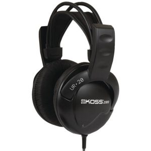 KOSS UR-20 over-ear wired headphones with black cushioned ear cups and adjustable headband.