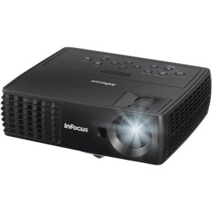 InFocus projector with front lens, black body, top control panel, and side ventilation grills.
