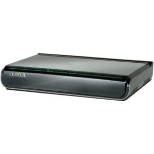 Luxul wireless router in a glossy black curved chassis with a green LED indicator strip.