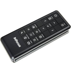 InFocus projector remote control with volume, mute, source, and navigation arrow buttons.