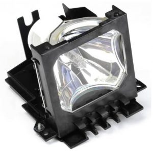 Automotive projector headlight assembly with black housing, clear lens, and mounting brackets.