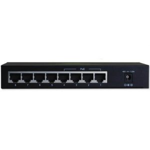 8-port PoE Ethernet switch with RJ-45 ports and a DC power inlet