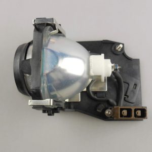 Projector lamp module with metal reflector bulb, black plastic housing, white ceramic connector, and three-pin power terminal.