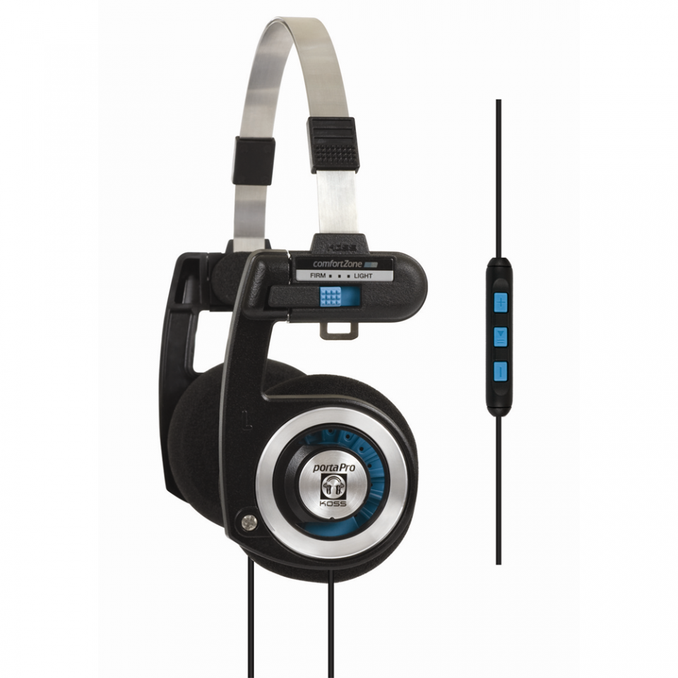 Koss Porta Pro Ktc On-Ear Headphone Koss portapro over-ear headphones with a metal headband, black cushions, blue inner ring, and inline remote with blue buttons.