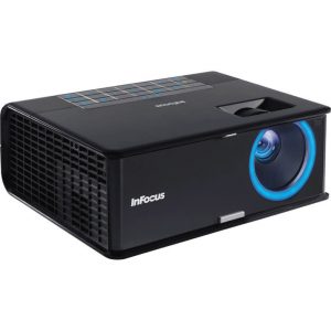 InFocus projector with blue-ring lens, compact design, top control panel, and side ventilation grid.