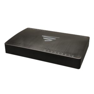 Black rectangular network switch with brushed metal top, front LED indicators, and a silver logo on the top cover.