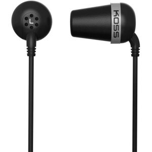 KOSS black in-ear headphones with left earbud marked L and right earbud featuring a silver KOSS band.