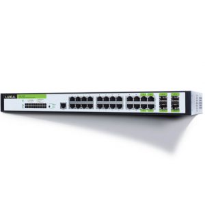 Luxul 1U network switch with multiple RJ-45 ports and green status labels