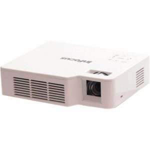 InFocus portable projector with front lens, white compact body and side ventilation grills.