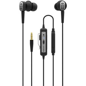 KOSS wired in-ear headphones with inline control, black silicone ear tips, 3.5mm plug.