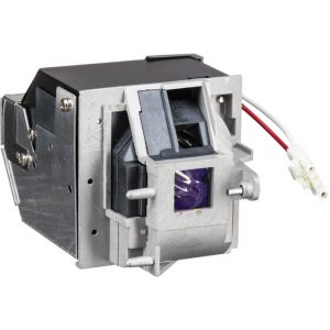 Replacement projector lamp module with metal housing, purple-tinted lamp, and a white two-pin connector with red and white wires.
