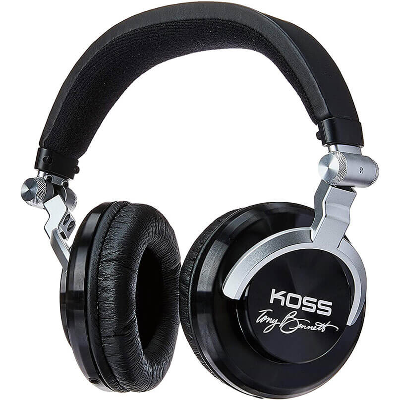 Koss Tbse1 Full Size Headphones With Tony Bennett'S Album Koss over-ear headphones with black cushioned ear pads and silver metal frame.