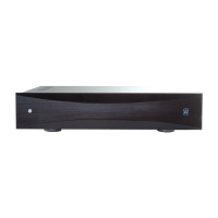 Black rectangular AV component with curved front panel and brushed top, featuring a small left control and right logo.