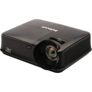 InFocus DLP projector with front-mounted lens, compact black body and ridged side panels.