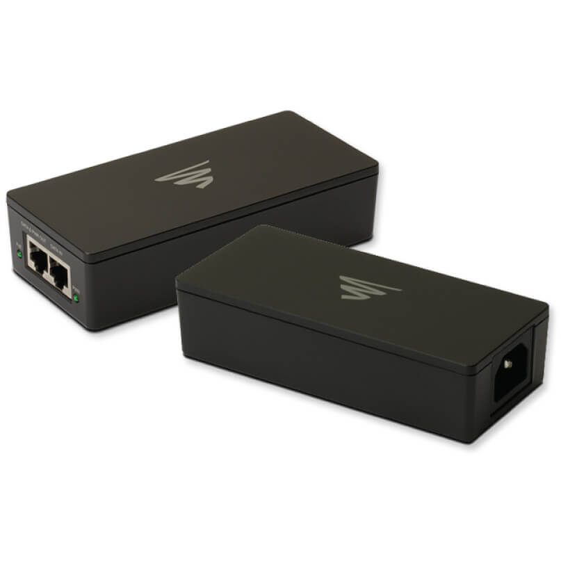 Pair of black network adapters with two Ethernet ports and AC power input, logo on top.