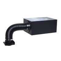 Inline blower with a black rectangular housing and flexible ribbed duct attached.