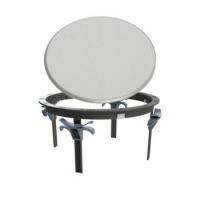 Round white table top on a black metal frame with curved legs.