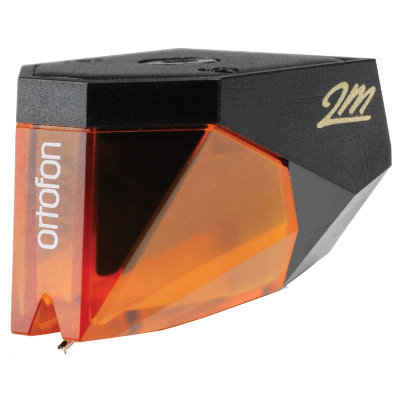 Ortofon 2M Bronze Moving Magnet Cartridge Ortofon 2m phono cartridge with orange translucent body and black top, visible stylus.