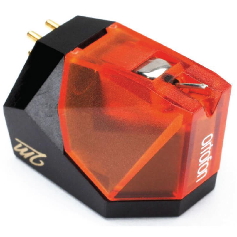 Ortofon 2M Bronze Moving Magnet Cartridge Ortofon 2m red moving-magnet phonograph cartridge with orange translucent housing, visible stylus, and gold connector pins.