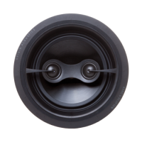 Round black speaker driver viewed head-on with central dust cap and surrounding mounting frame.