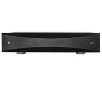 Black stereo audio amplifier with brushed metal front panel, two feet, and a blue indicator light.