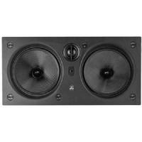 In-wall dual-driver loudspeaker with two large circular woofers and a central tweeter.