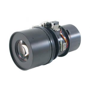 Motorized industrial camera lens with geared zoom ring and exposed wiring.