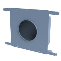 Blue-gray metal mounting bracket with circular cutout and flanged side rails.