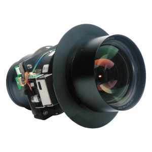 Large professional camera lens with a wide front element, hood, and visible internal electronics on the rear mounting area.