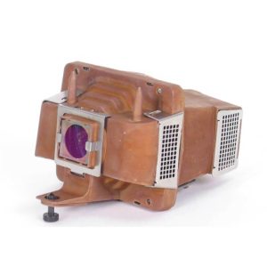 Projector lamp housing with front-mounted lens, brown casing, and side vent panels.