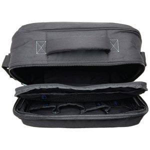 Gray padded camera bag with adjustable interior dividers and a zippered main compartment.