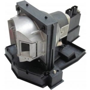 Projector lamp module with metal reflector, black plastic base, and electrical connector block