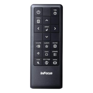 InFocus projector remote control with power, menu, directional pad, volume, and source buttons.