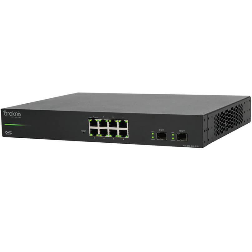 Araknis Networks 310 Series 8-Port L2 Managed Gigabit Switch Front Ports Araknis network switch with eight ethernet ports and two sfp uplink slots on a 1u rack-mount chassis.