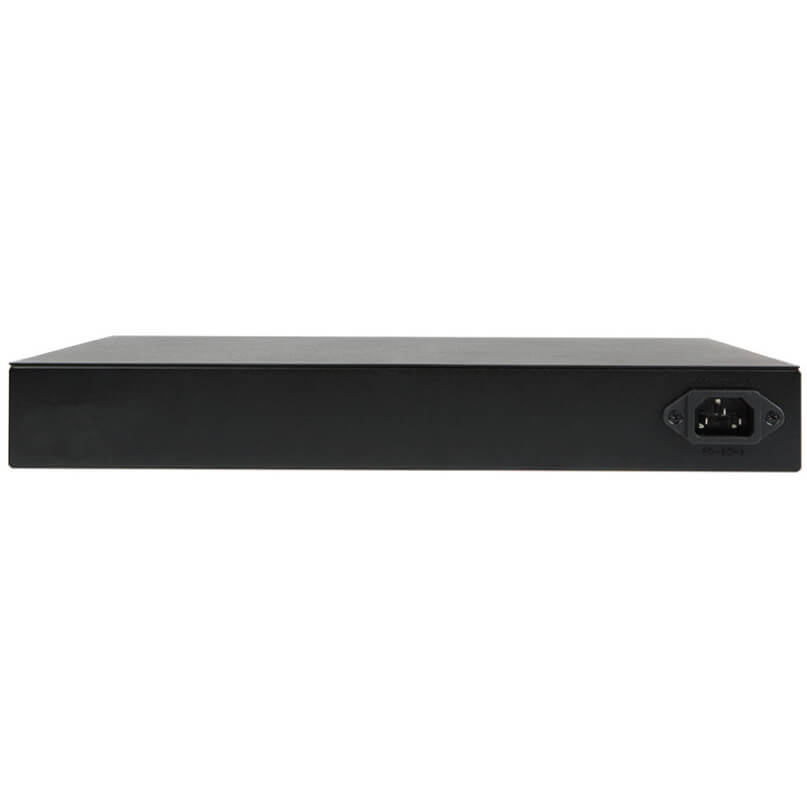 Araknis Networks 310 Series 8-Port L2 Managed Gigabit Switch Front Ports Black rack-mount power supply enclosure with front-right iec c14 inlet.
