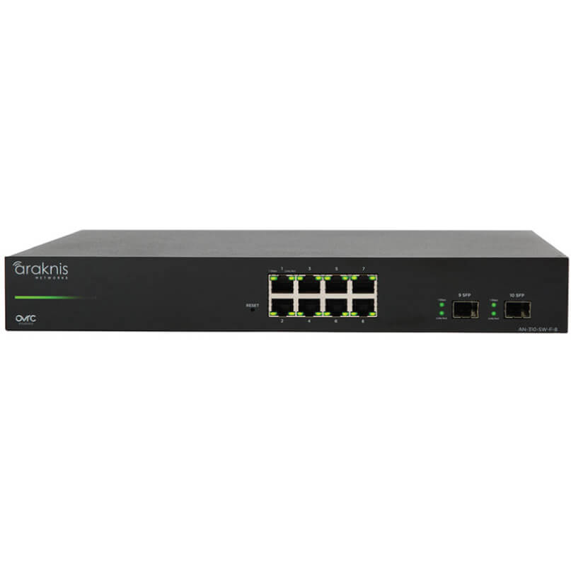 Araknis Networks 310 Series 8-Port L2 Managed Gigabit Switch Front Ports Araknis networks ethernet switch with eight rj-45 ports and two sfp uplink ports.