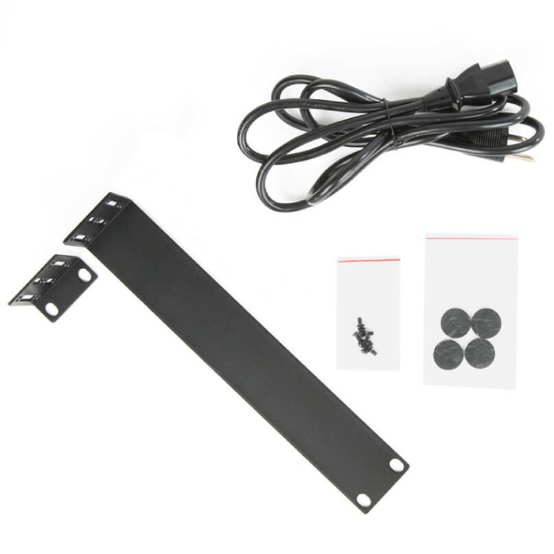 Araknis Networks 310 Series 8-Port L2 Managed Gigabit Switch Front Ports Black metal rack-mount bracket with mounting holes, plus power cord and small hardware bags.