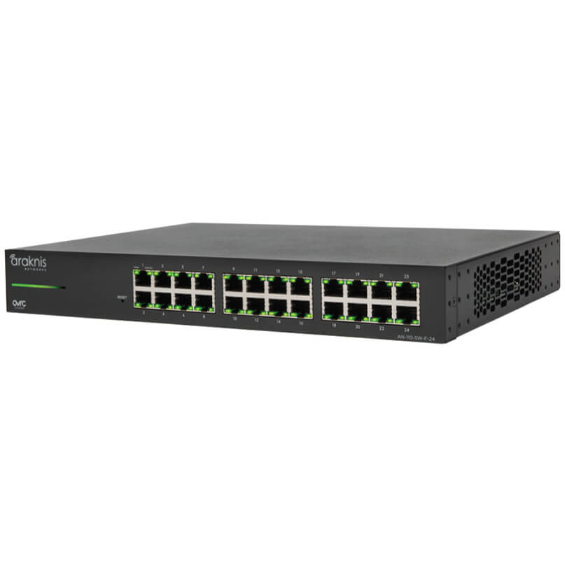 Araknis Networks 110 Series 24-Port Unmanaged+ Gigabit Switch With Front Ports Araknis an-100-sw-24 24-port managed network switch with dual-row rj45 ports and green led indicators.