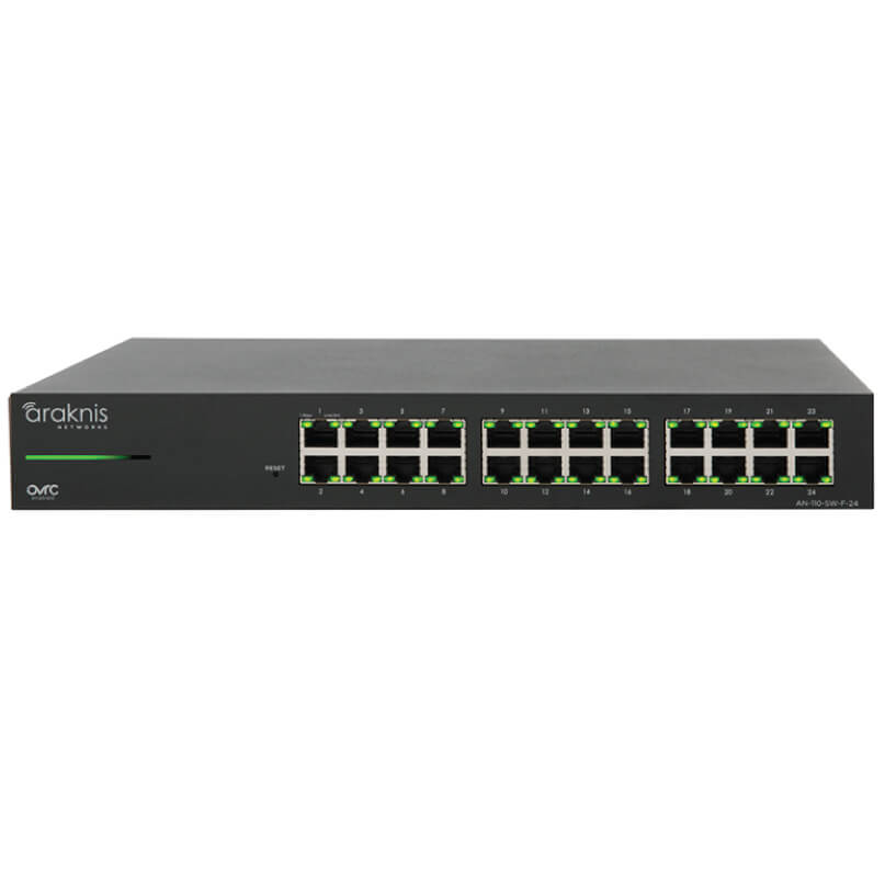 Araknis Networks 110 Series 24-Port Unmanaged+ Gigabit Switch With Front Ports Araknis networks an-110-sw-f-24 24-port ethernet switch with two rows of rj-45 ports and green leds.