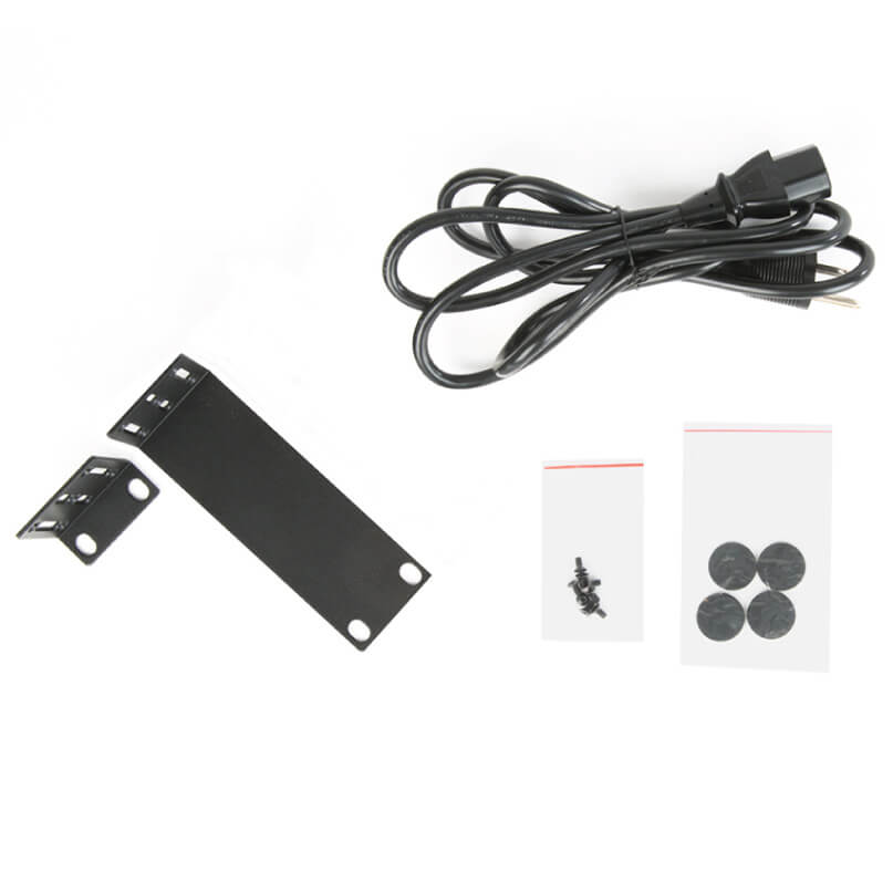 Araknis Networks 110 Series 24-Port Unmanaged+ Gigabit Switch With Front Ports Black metal expansion bracket with attached cable and two small plastic bags containing screws and round components.