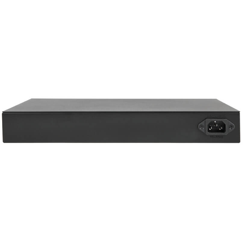 Araknis Networks 110 Series 24-Port Unmanaged+ Gigabit Switch With Front Ports 1u black rack-mount enclosure with a front-right iec c14 power inlet.