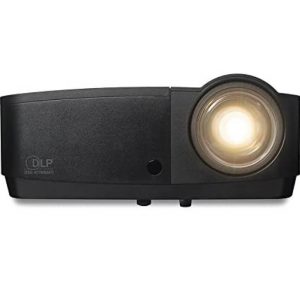 Black DLP projector with a large illuminated right-side lens and textured housing.