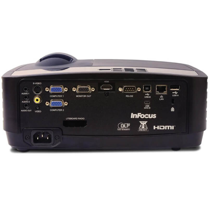Infocus In124Sta Short Throw Projector Infocus projector with hdmi, vga, usb, rs-232, audio, and s-video ports on rear panel.
