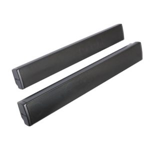 Pair of black slim soundbars with front grills.