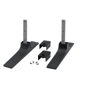 Pair of black curved mounting brackets with vertical metal posts and screws for assembly.