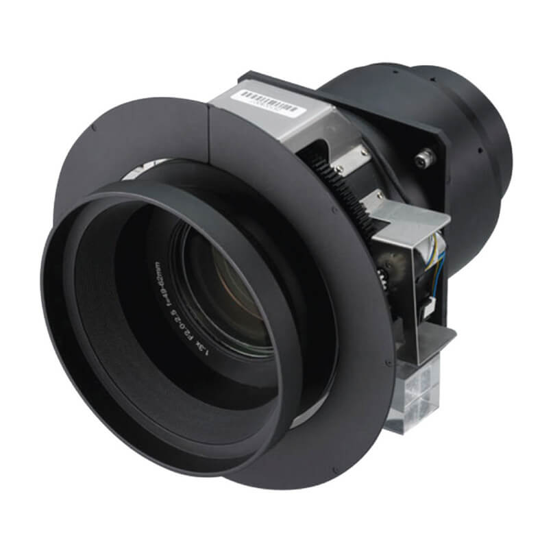 Industrial machine-vision camera lens module with large front element and exposed rear electronics.