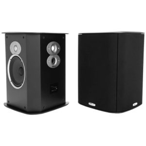 Pair of black bookshelf speakers with a large silver-rimmed woofer and two small midrange drivers; grille on one unit.