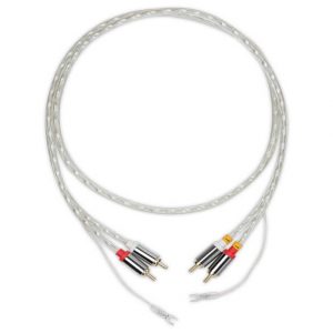 Interdyn Braided clear audio cables with red/white rca plugs on one end and bare forked speaker wire terminals on the other
