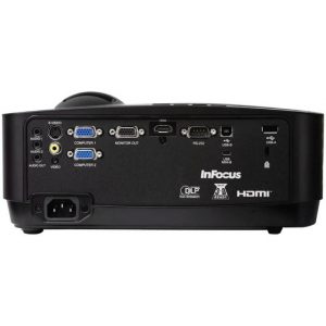 InFocus projector rear panel with HDMI, USB, VGA, RS-232, S-Video, and audio ports.
