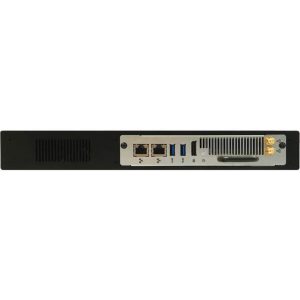 Rear panel of a rackmount hardware appliance featuring two Ethernet ports, multiple USB ports, and two antenna connectors.